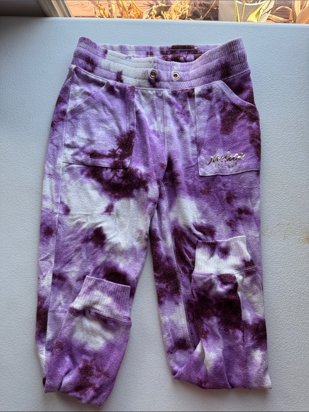 Justice Purple & White Tie-Dye Cargo Joggers with Gold Script